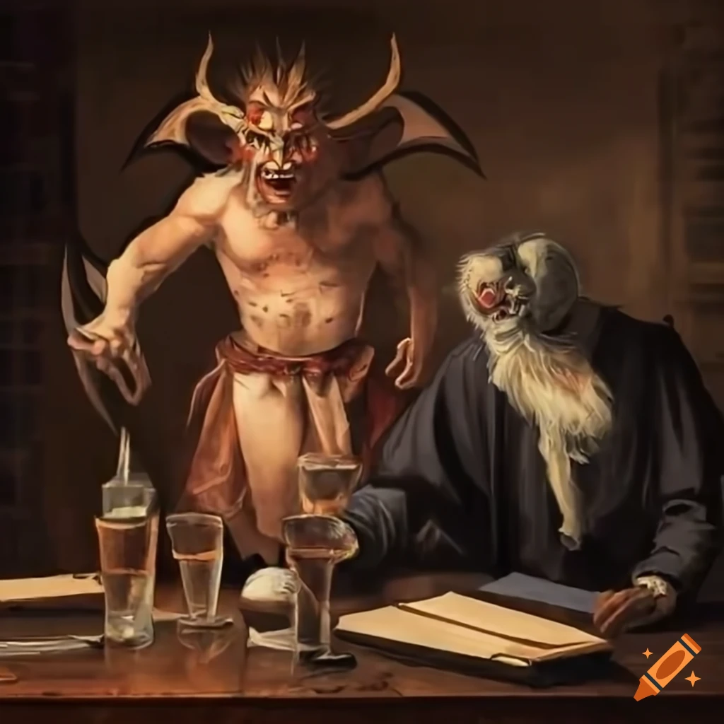 Two men at a bar, one magician and the other a demon, surrounded by books