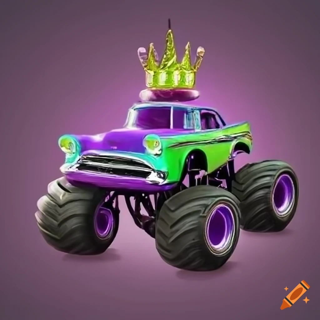 Lime green 1957 Chevy Bel Air monster truck with cartoon purple neon monster on top with unicorn head and crown