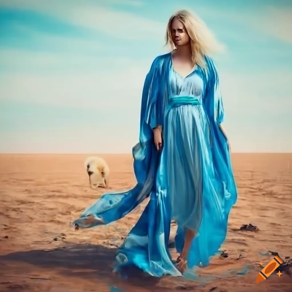 Blonde woman in blue caftan walking with a cow in a wasteland