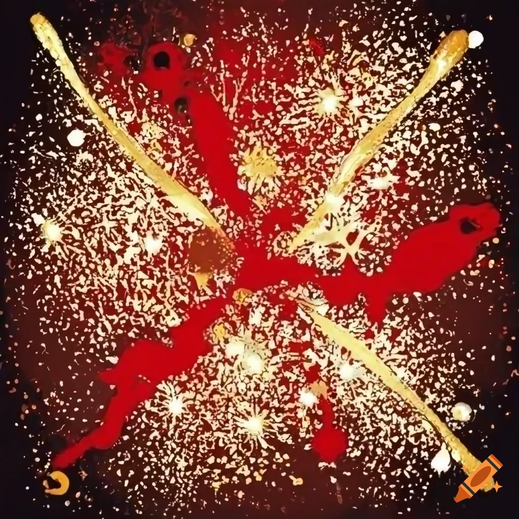 Abstract red splatters with sparkling gold flowers
