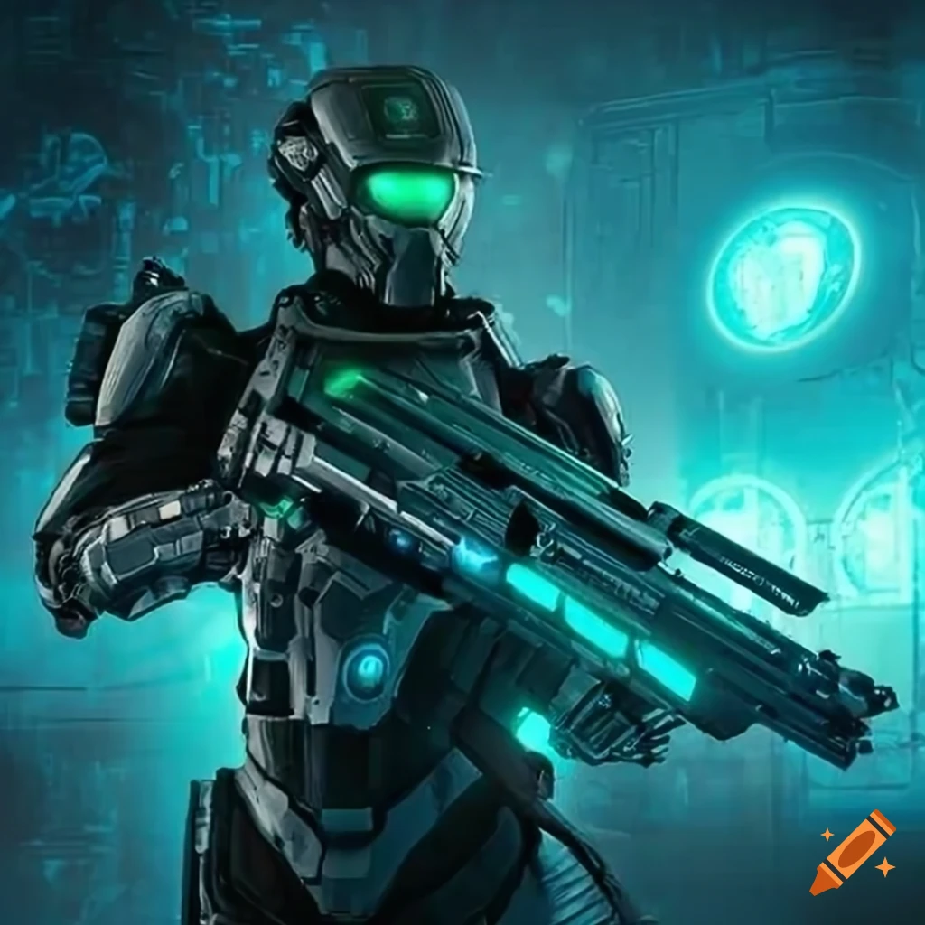 Futuristic soldier with glowing green eyes and advanced armor in a ...