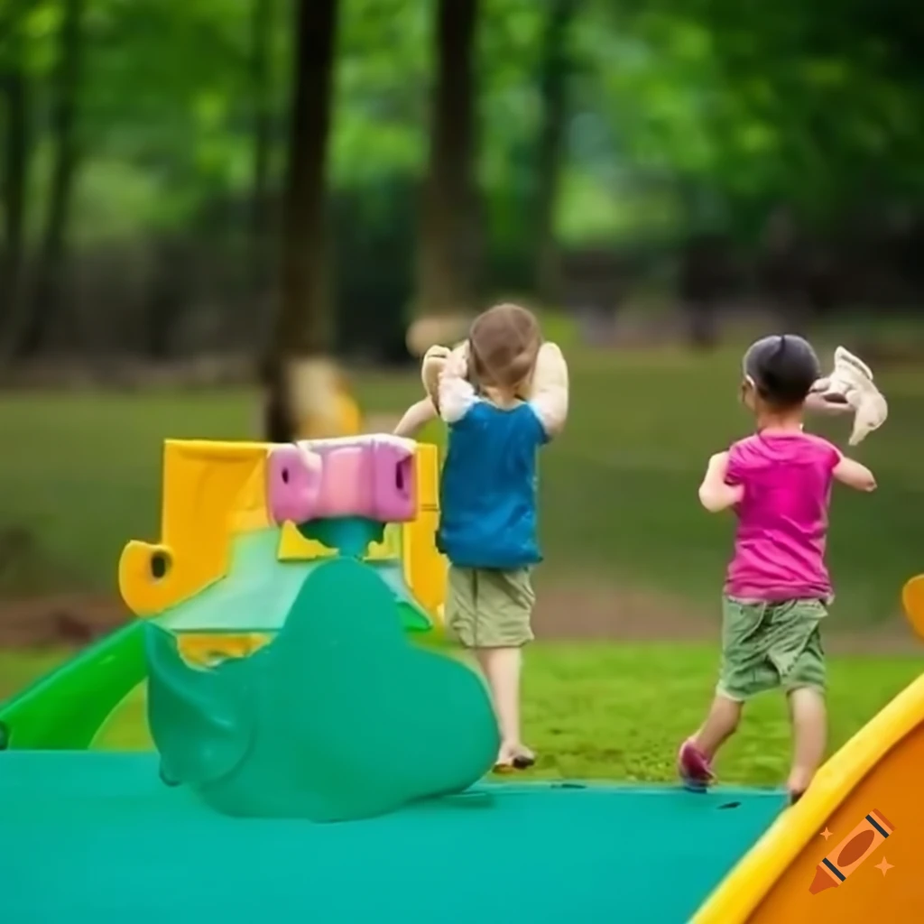 Rainy playground with kids playing