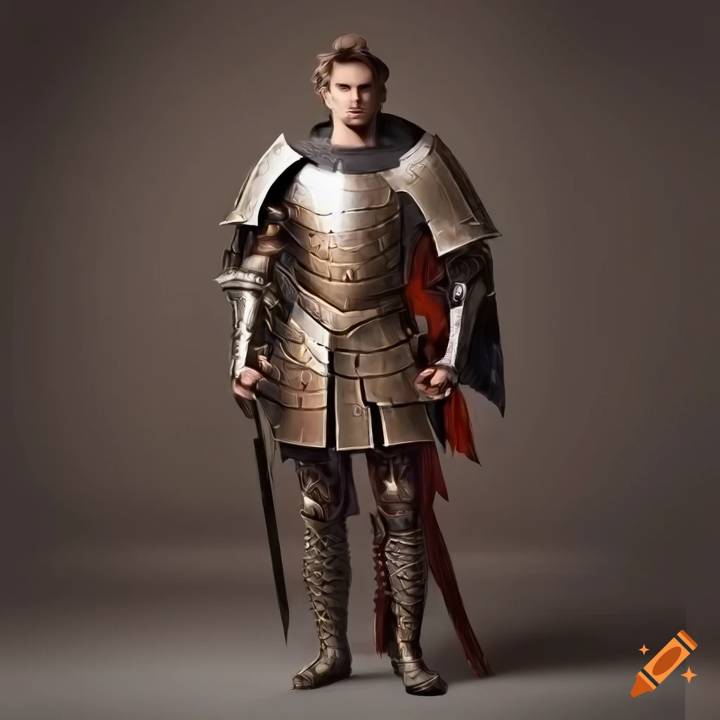Young adult male in armor with brown eyes and curly hair in a fantasy setting