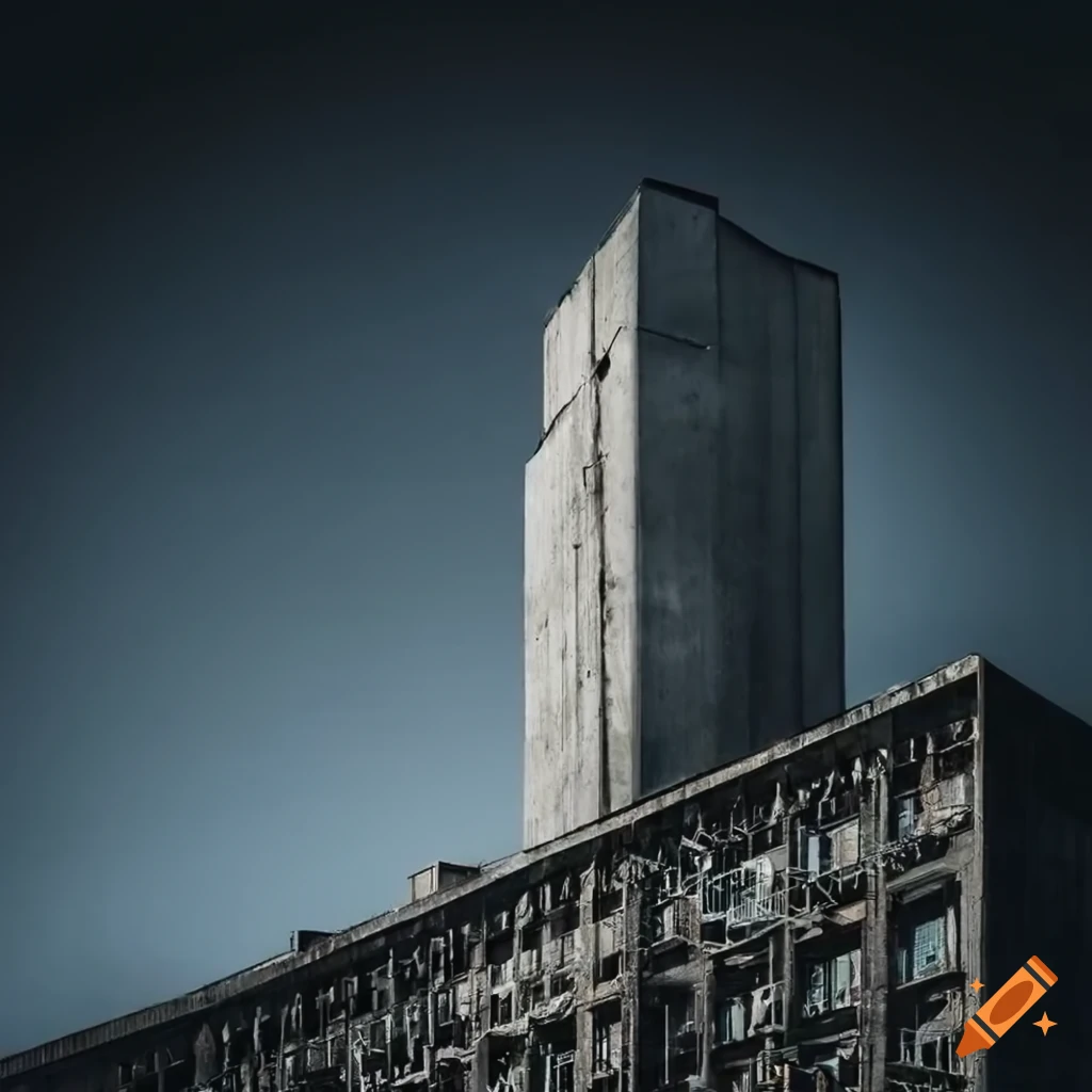 Brutalist structure with angular shapes and concrete textures