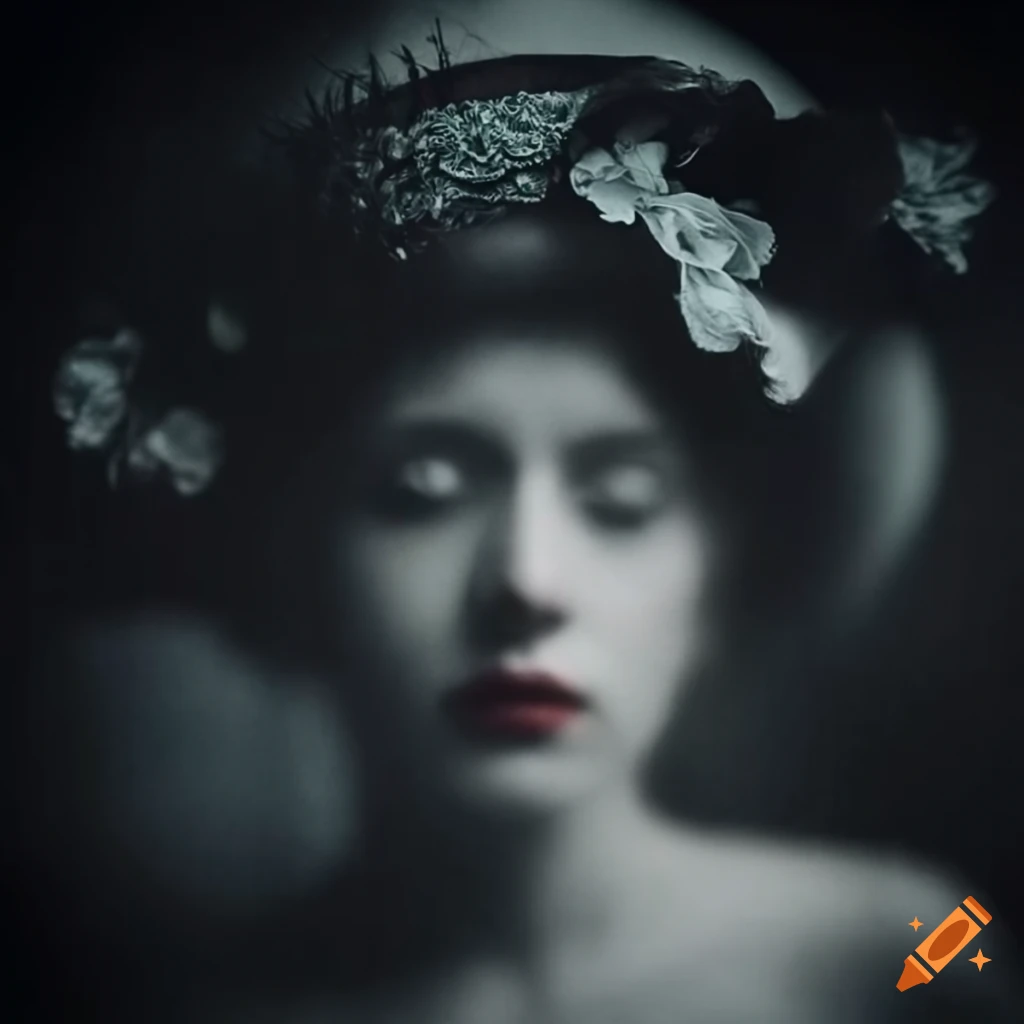 Beautiful woman in vintage floral hat with misty double exposure