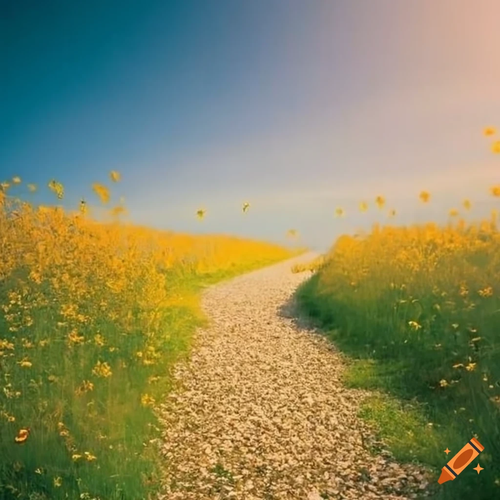 Wide gravel path through a flower meadow on Craiyon
