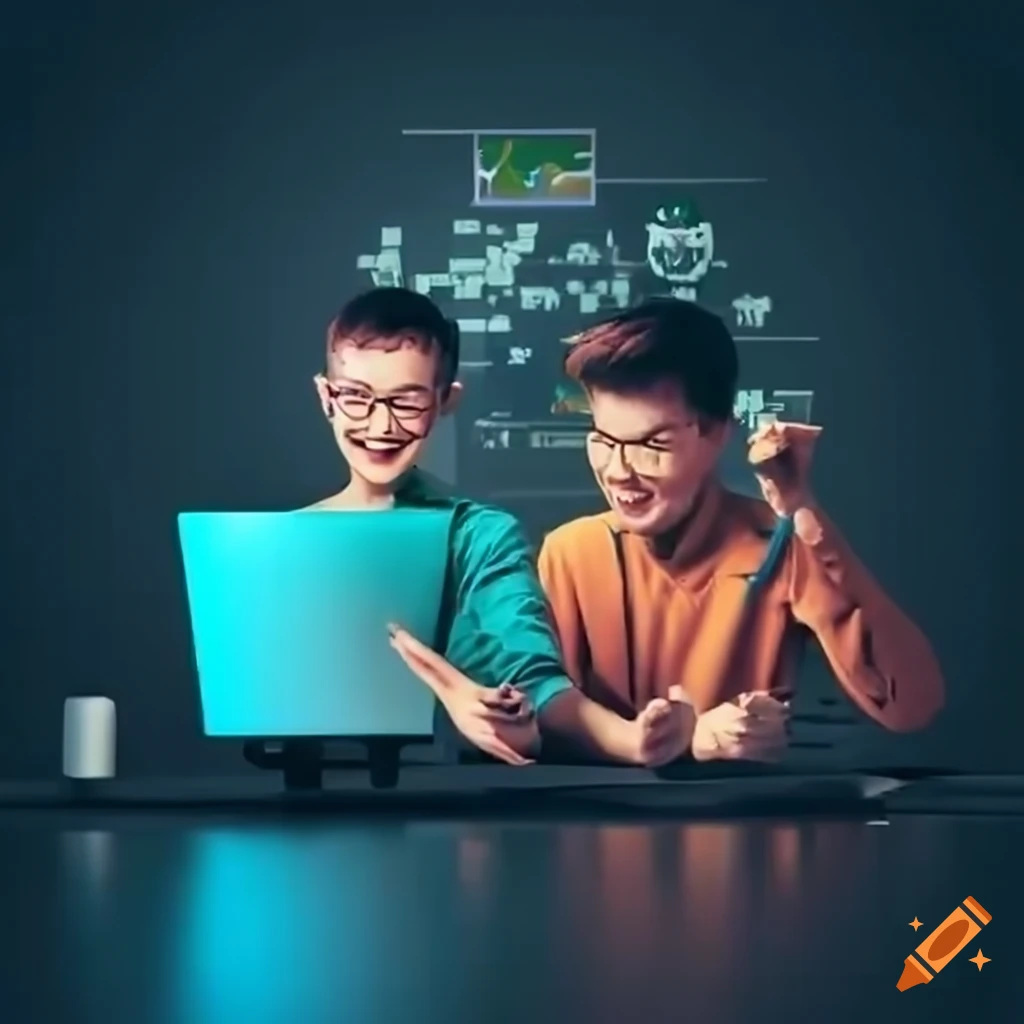 Happy computer class with male students and teacher programming on Craiyon