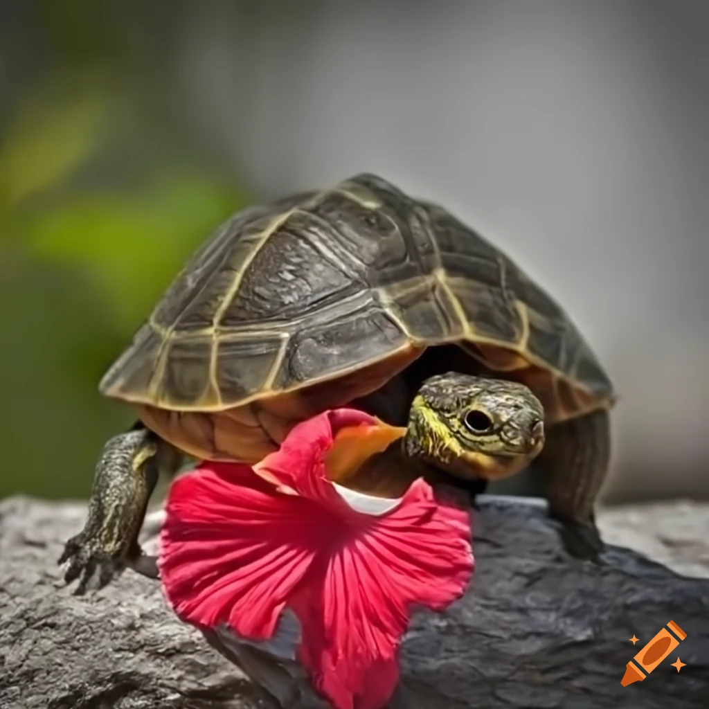 Land turtle eating a red hibiscus flower near a white boulder