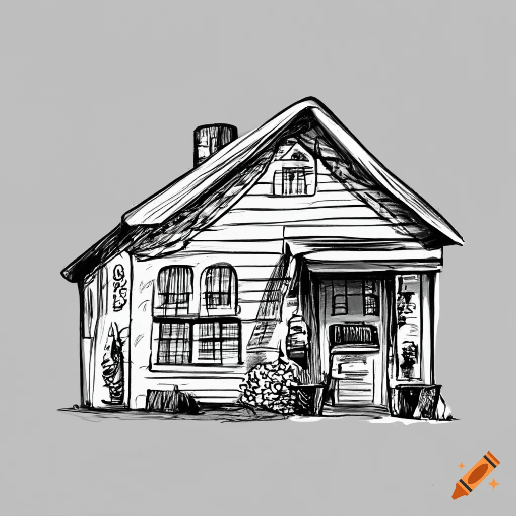 Black and white sketch of a cute house with boxes in the driveway