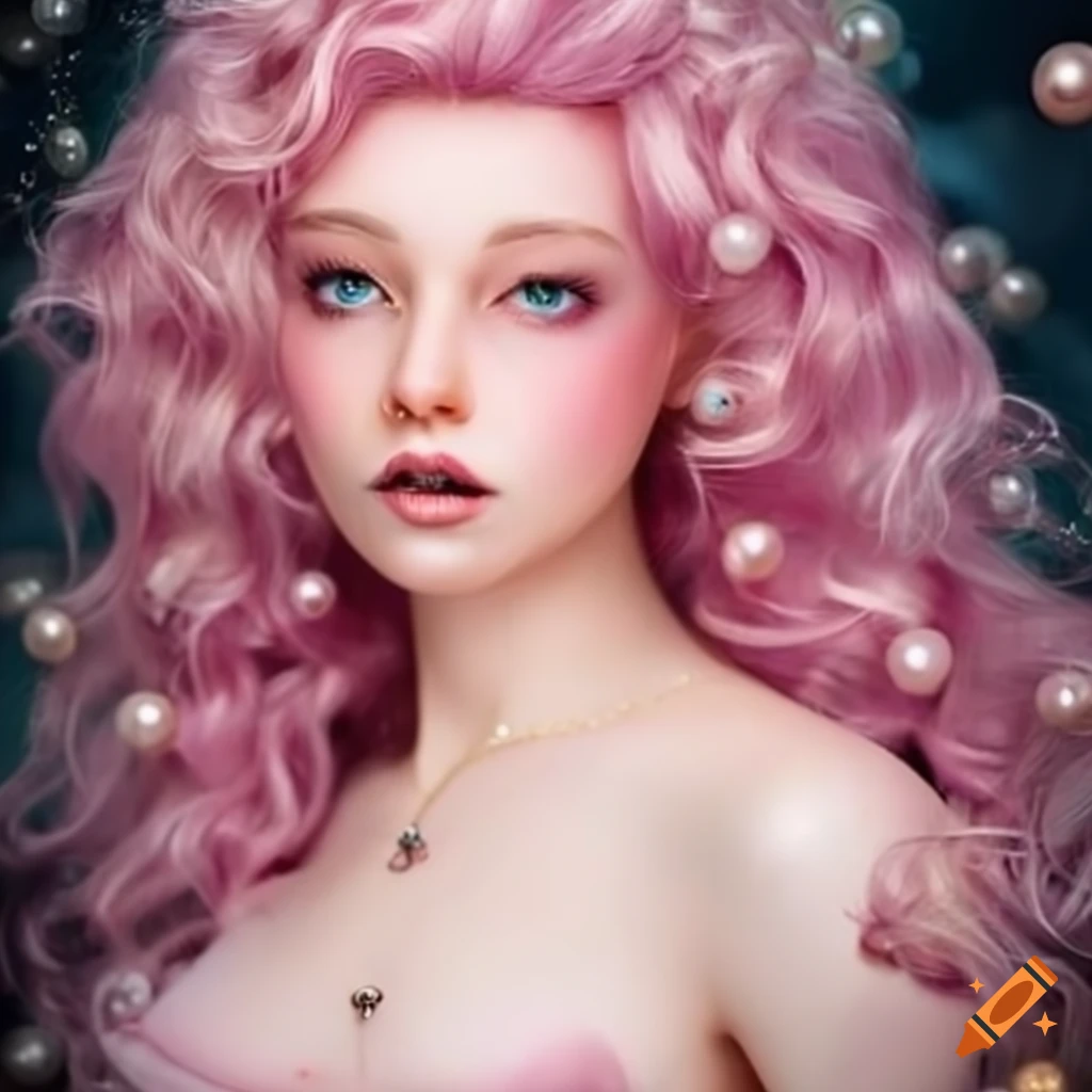 Captivating fairy with pink eyes and pale pink hair surrounded by pearls