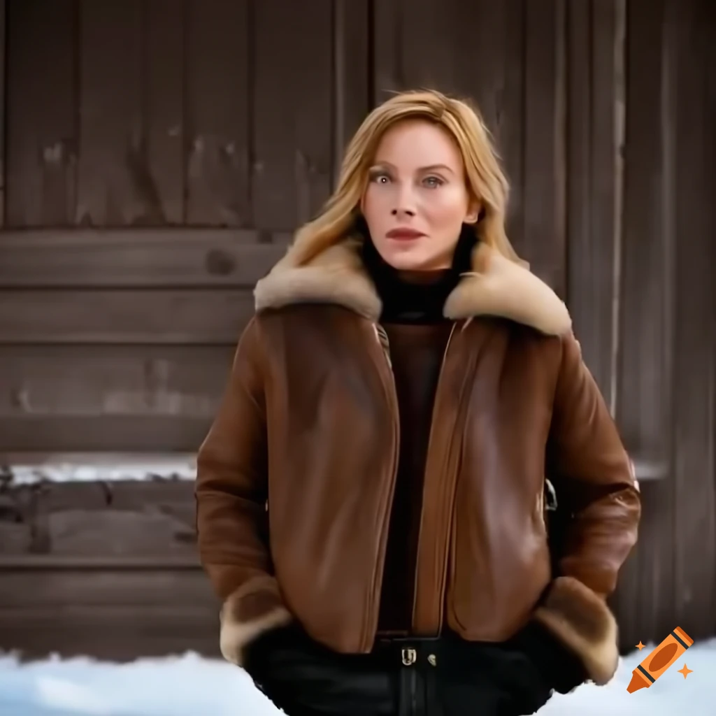 British actress Juliet Landau lookalike in sheepskin bomber jacket and leather trousers standing in a barn doorway