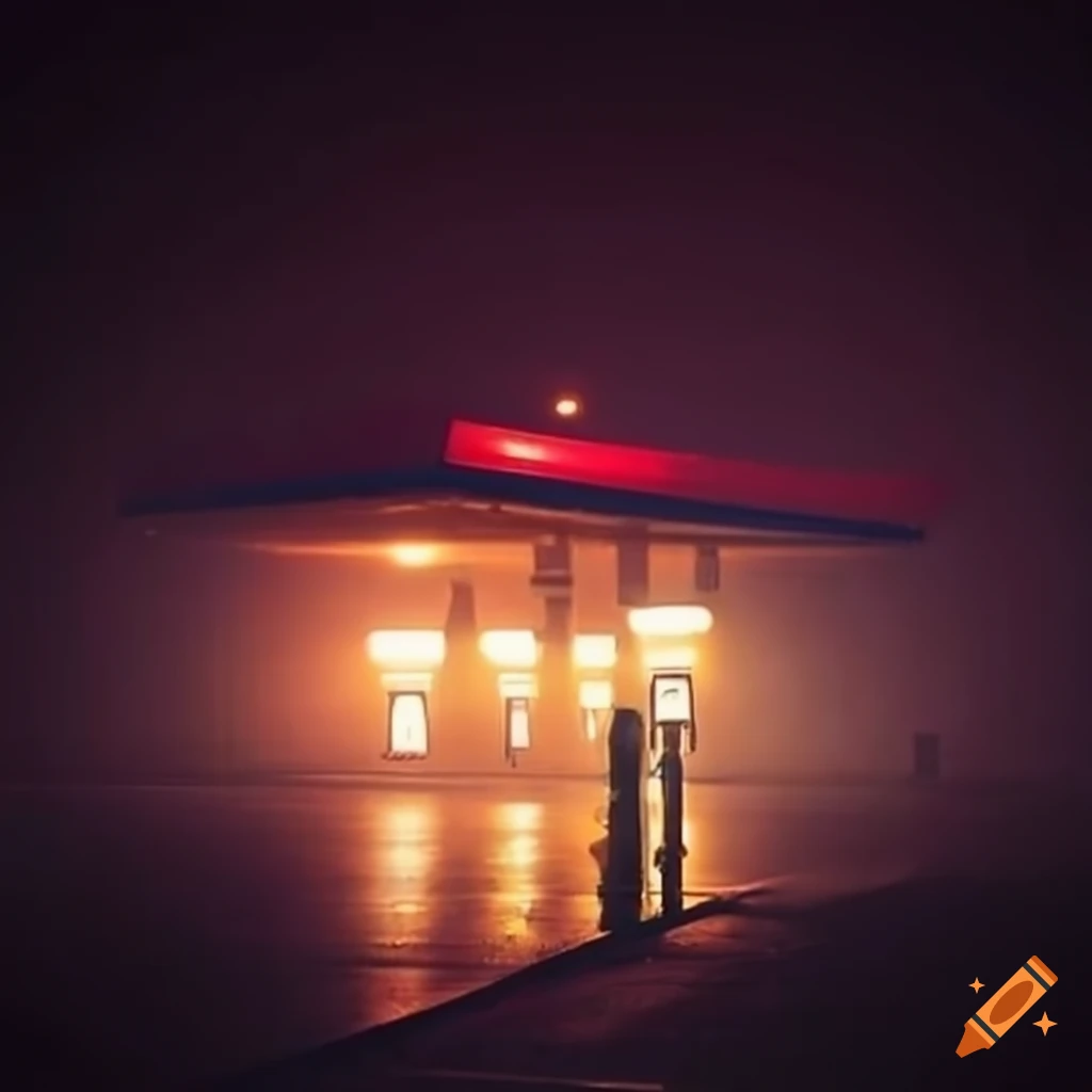 Gas station on a foggy road