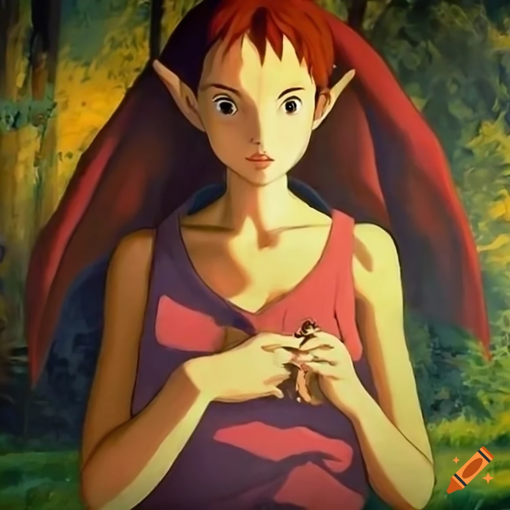 Studio Ghibli style female elf in animation cell