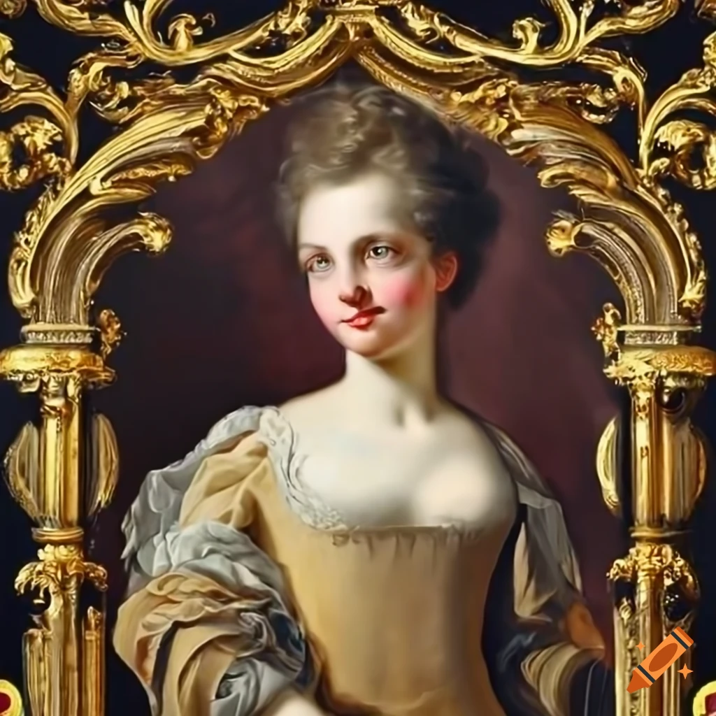 Baroque painting featuring a female muse surrounded by golden accents and decorative fabrics
