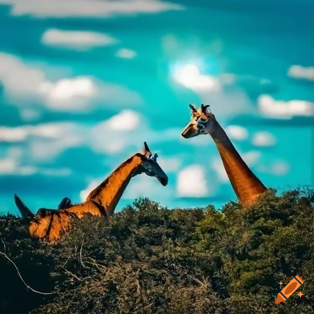 Two giraffes in savannah with cloudy sky