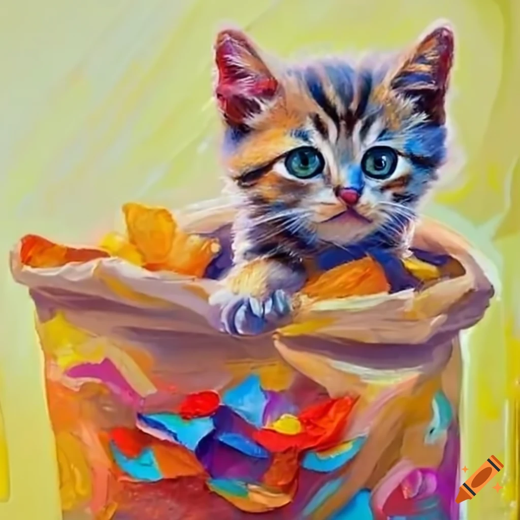 Cute kitten peeking out of a bag of chips