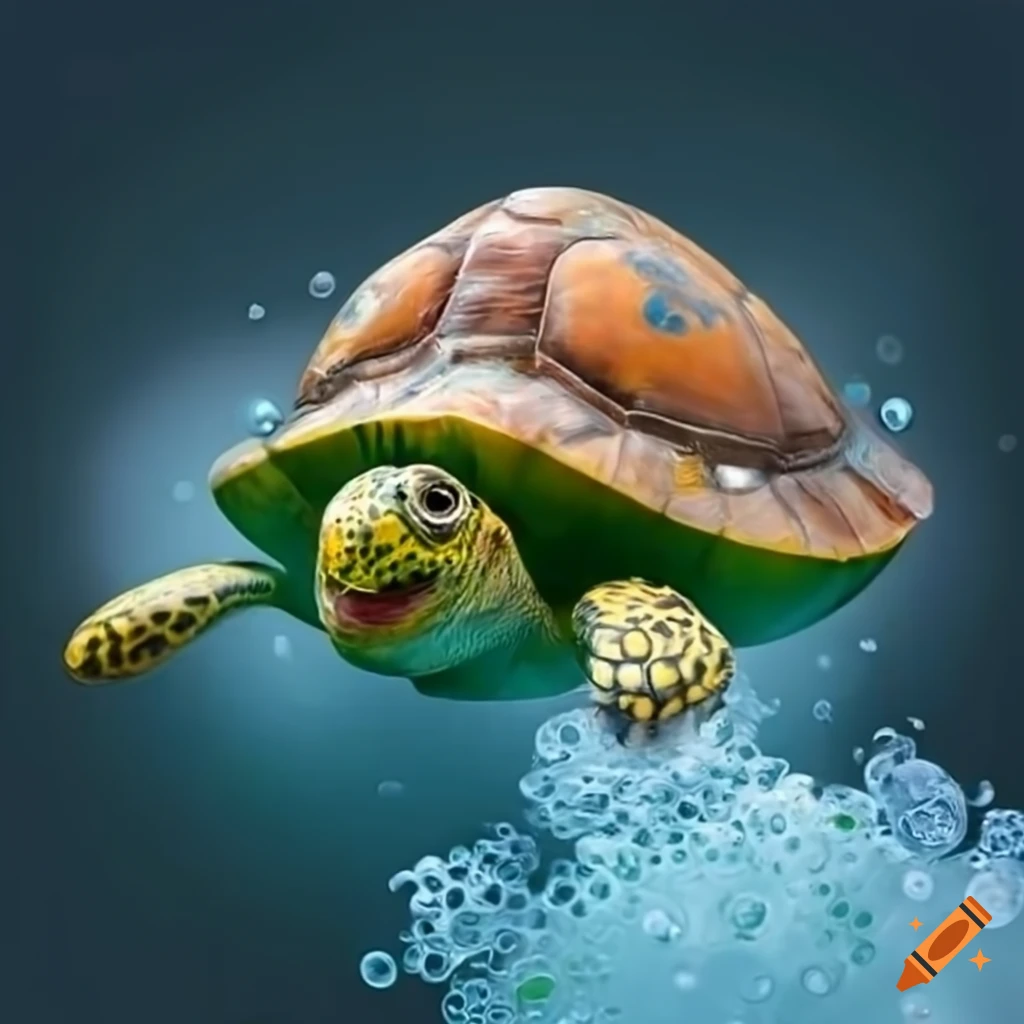 Whimsical turtle enjoying a bubble bath