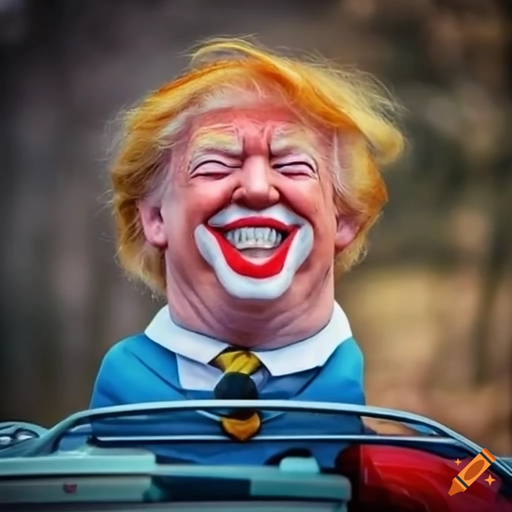 Donald trump with a big head driving a clown car in a humorous scene on