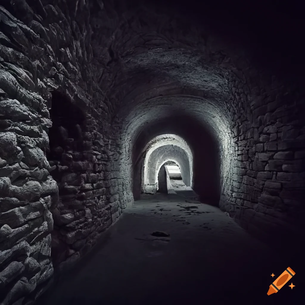 Underground maze with stone walls and high ceiling