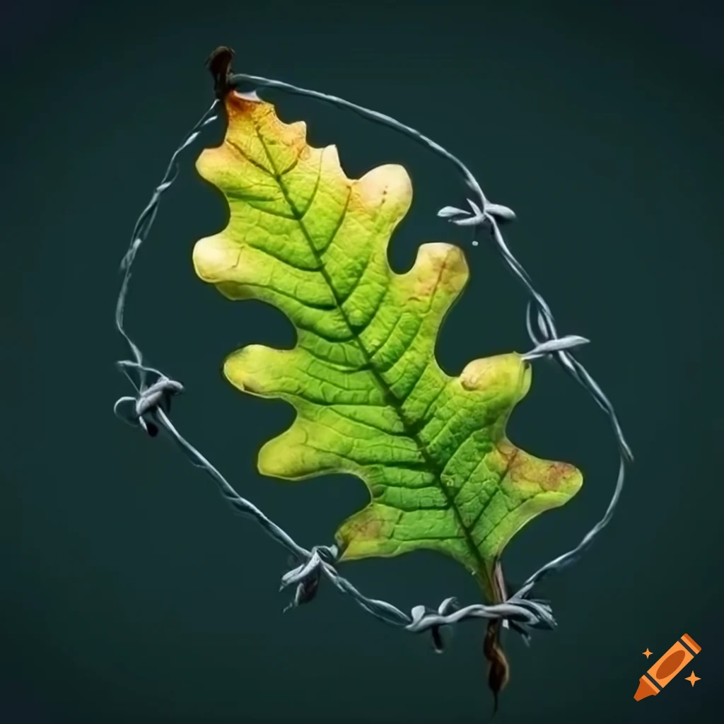 Sad oak tree leaf surrounded by barbed wire