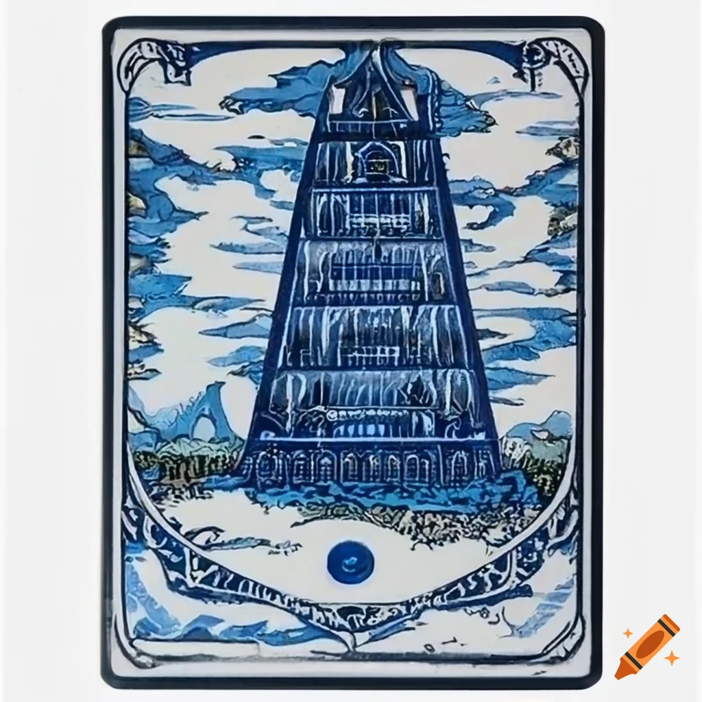 Tarot card "The Tower" in blue, white, and silver color scheme
