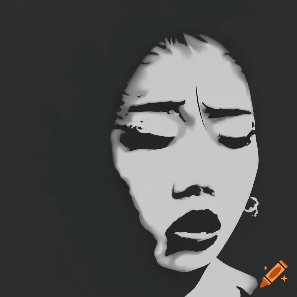 Asian woman in pain and agony in Banksy stencil style