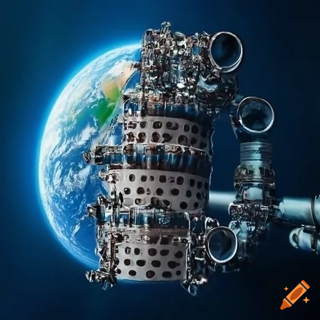 Sci-fi astronauts building water pipes in a space station near Earth