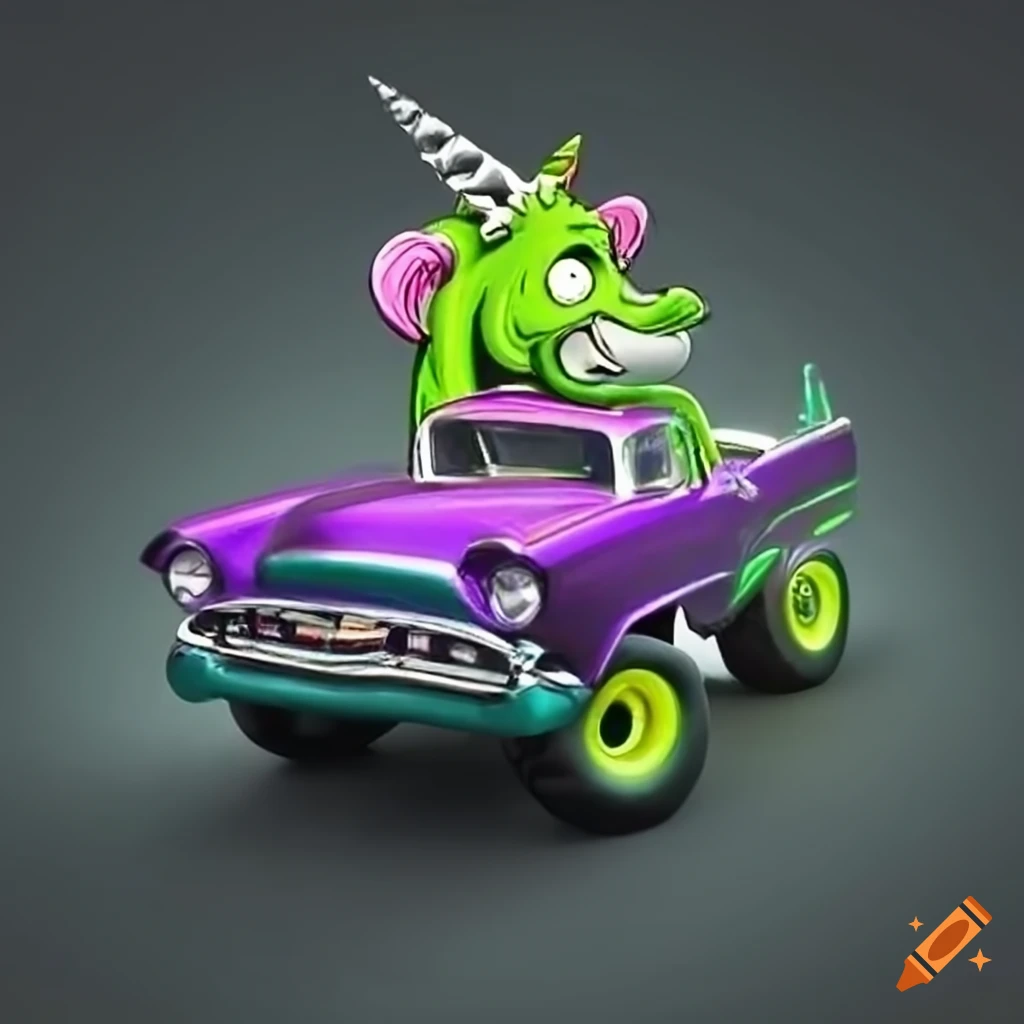 Lime green 1957 Chevy Bel Air monster truck in Rat Fink style with neon purple monster and unicorn head