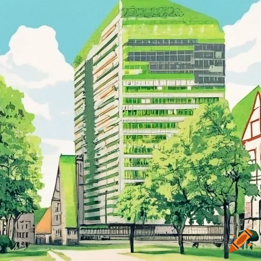 Cityscape of Magdeburg with tall buildings and people, mixing city life with nature
