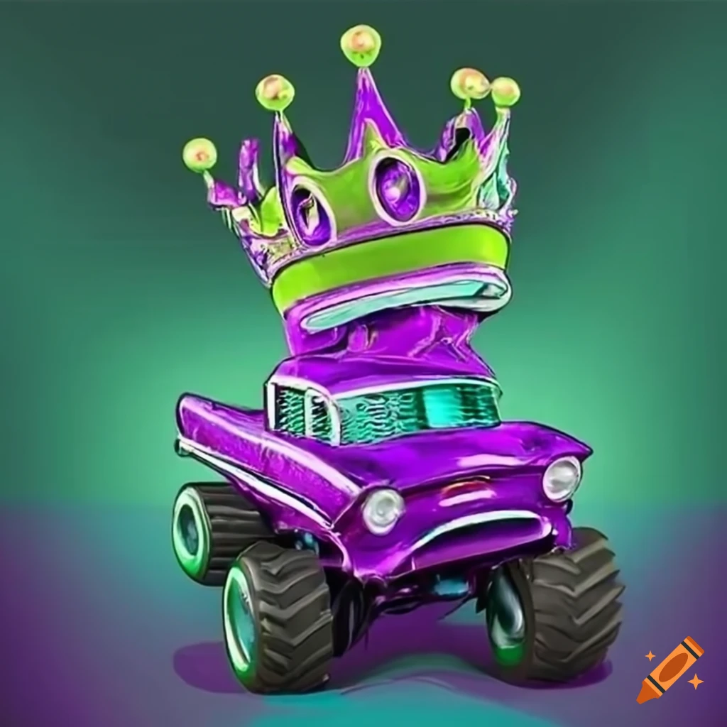 Lime green 1957 Chevy Bel Air monster truck with cartoon purple neon monster on top with unicorn head and crown
