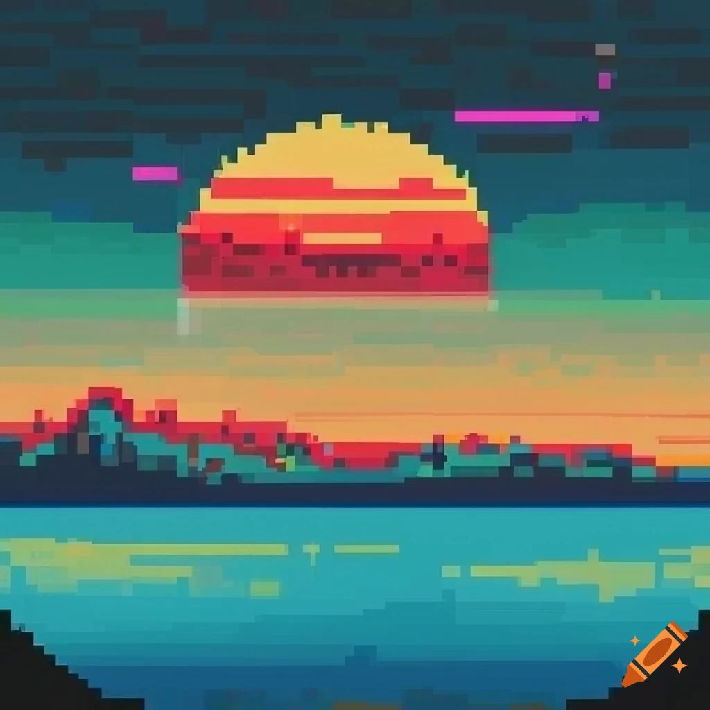 Pixel art with dithering effect resembling a vintage postcard from a mysterious land