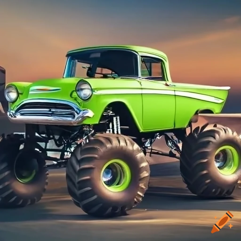 Lime green 1957 Chevy Bel Air Jeep monster truck