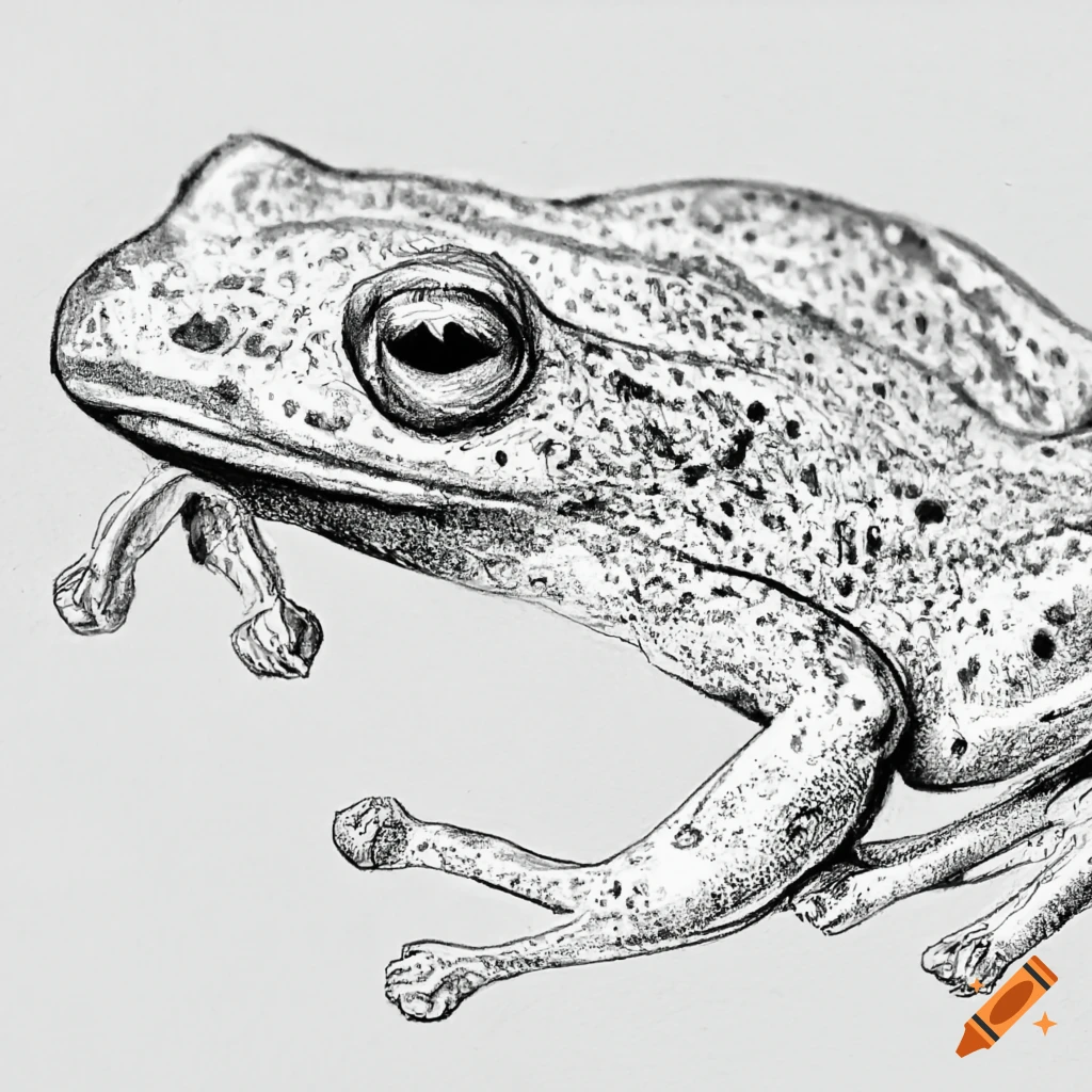 Close-up realistic monochromatic pencil drawing of a frog
