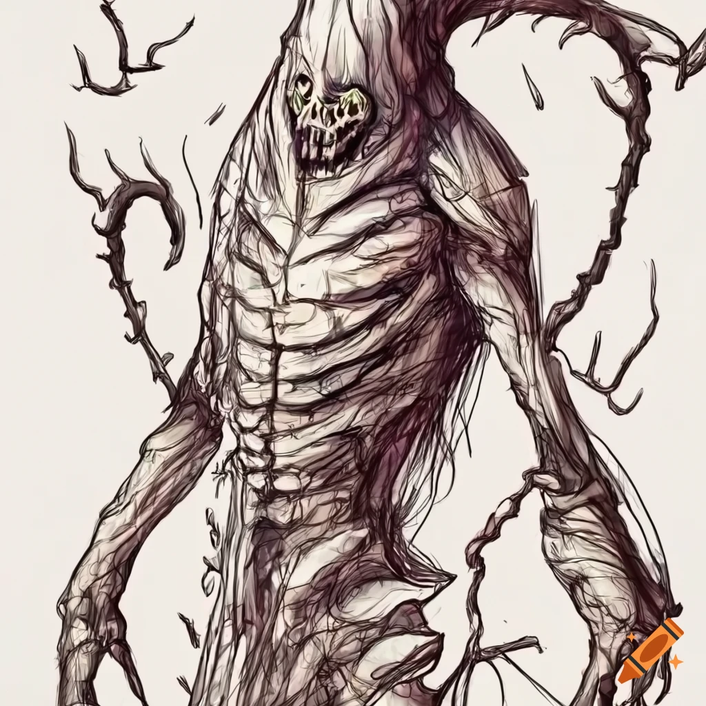 Sketch of faceless monster with transparent skin and twisting bones