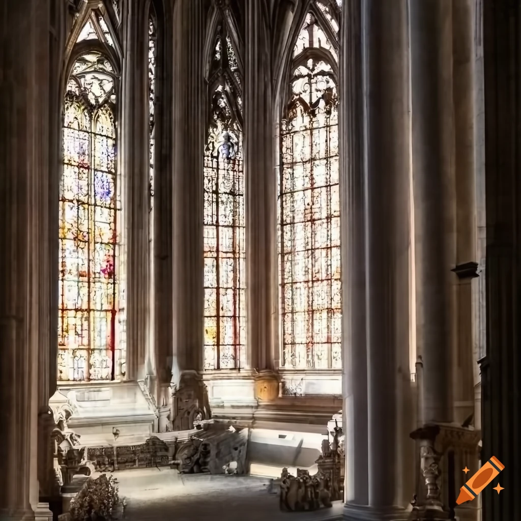 View from inside a gothic cathedral with sunlight through stained glass windows