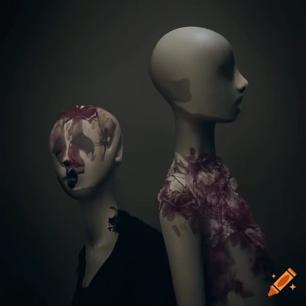 Dark meadow with dying flowers and tall mannequins in the distance