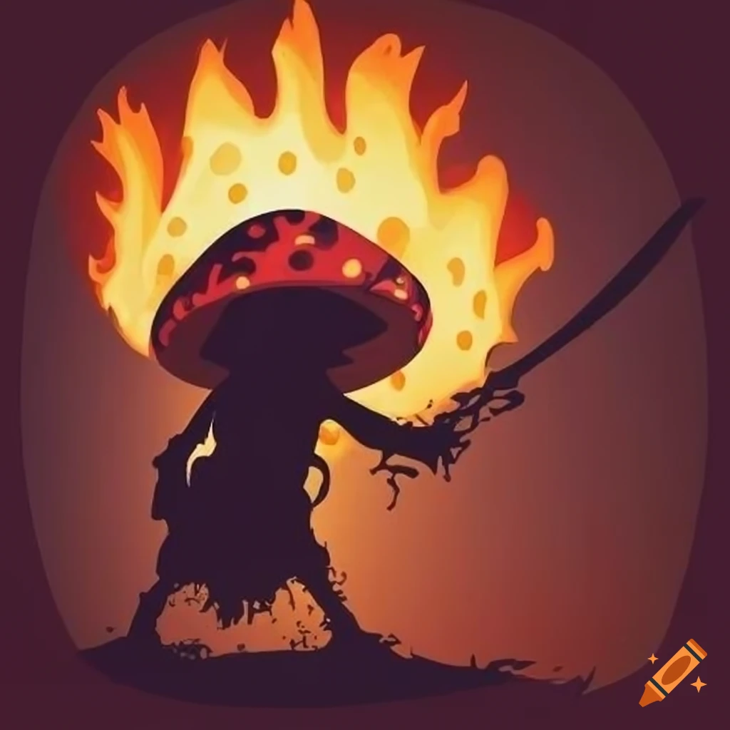Explosion of flames with a silhouette of a mushroom man in warhammer art style