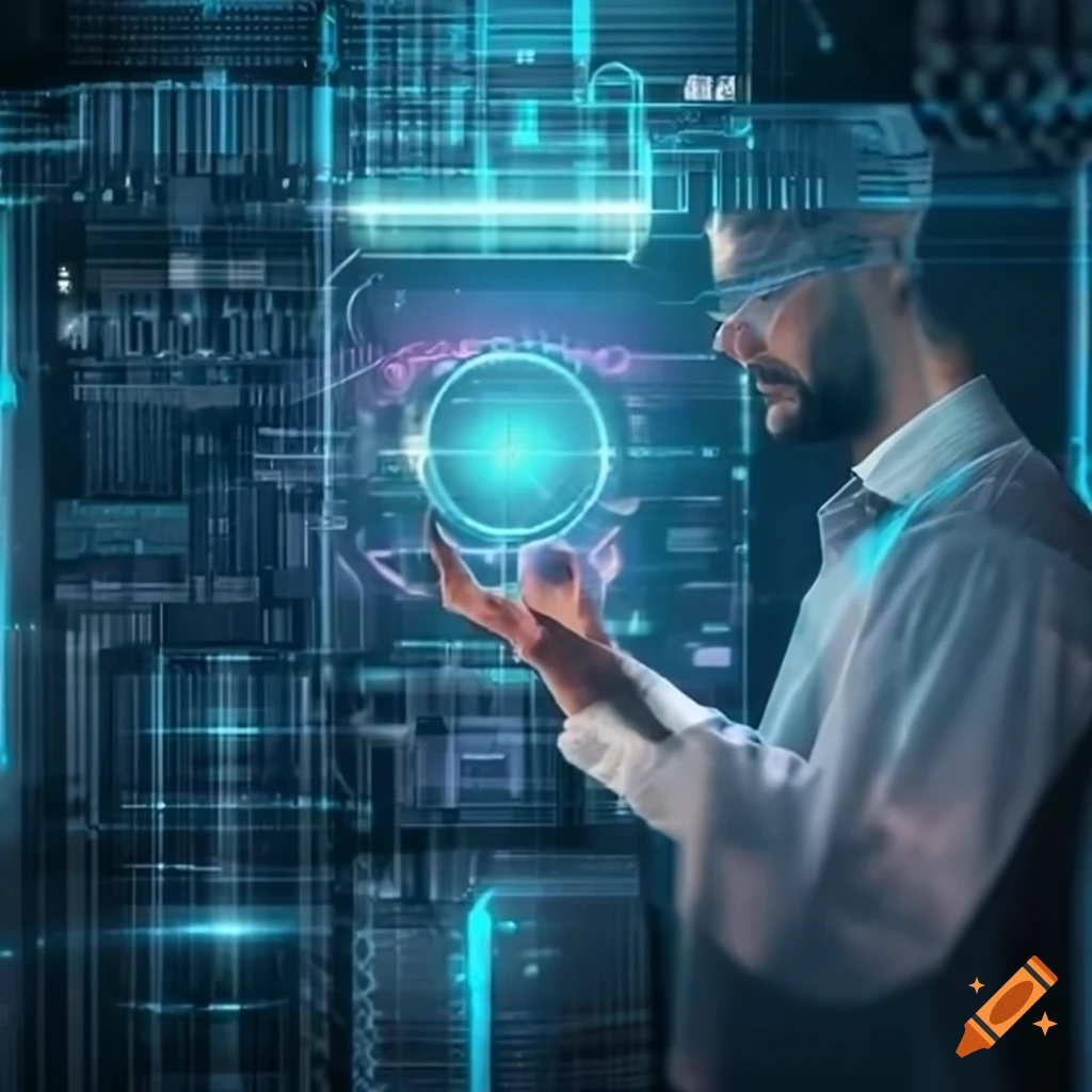Data scientist in a holographic control room overseeing abstract concepts