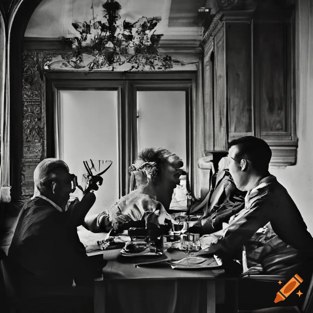 Men sitting and conversing at a long table
