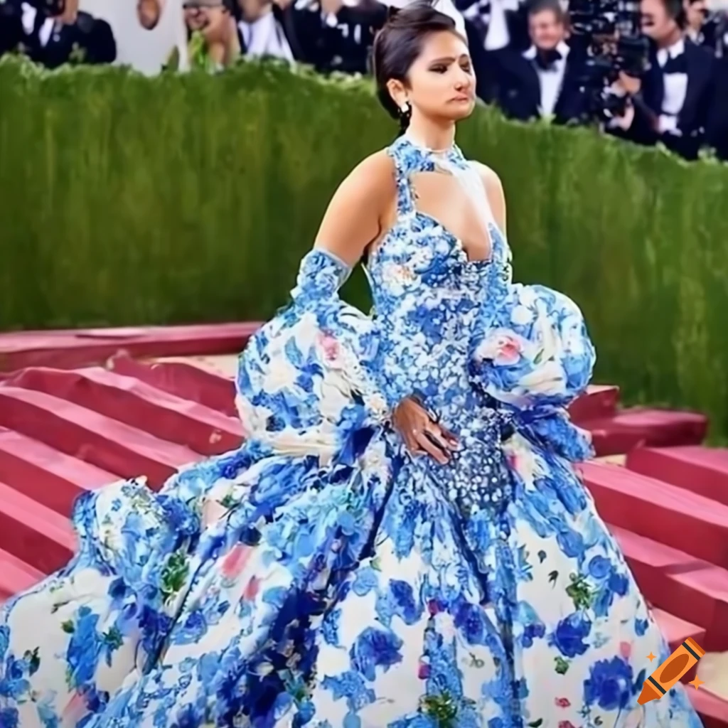 Selena Gomez at the Met Gala in a blue and white floral dress on Craiyon