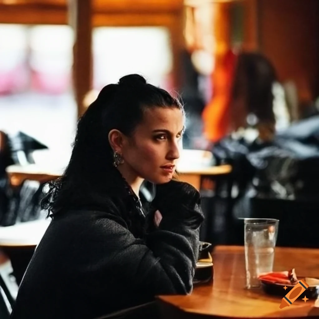 Woman with black hair resembling Hayley Williams sitting in a cafe
