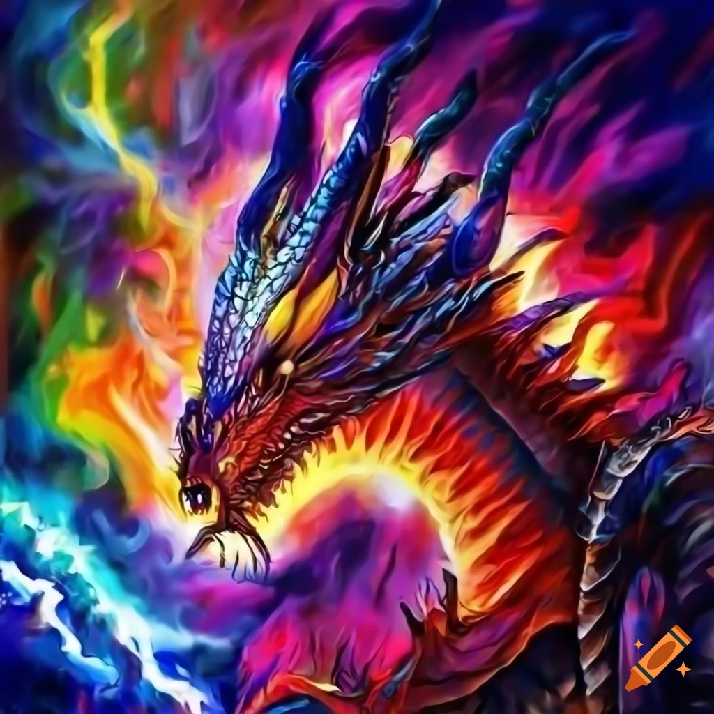 Shung, the apex dragon with colorful wings in elemental background