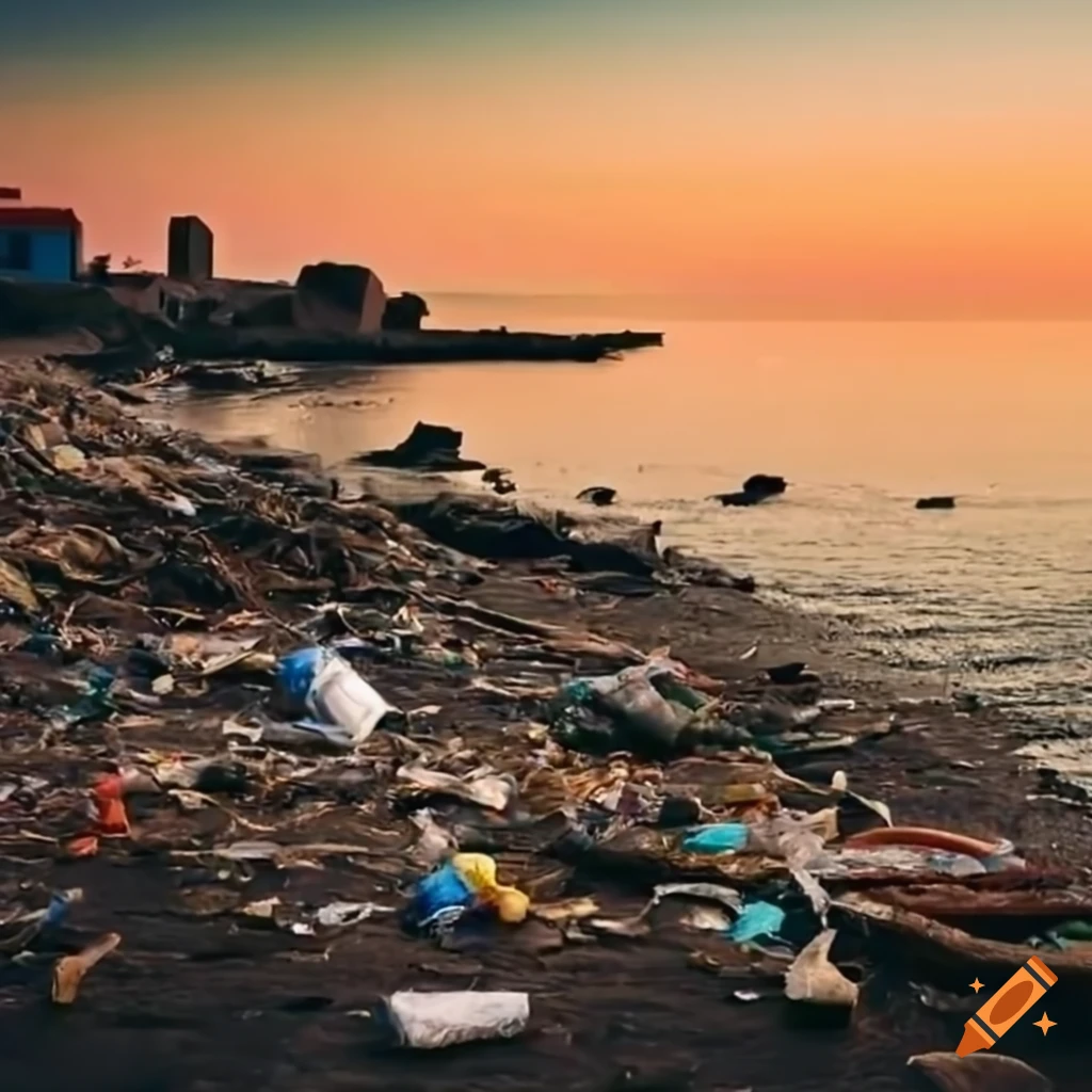 Town near the sea with rubbish on the coastline