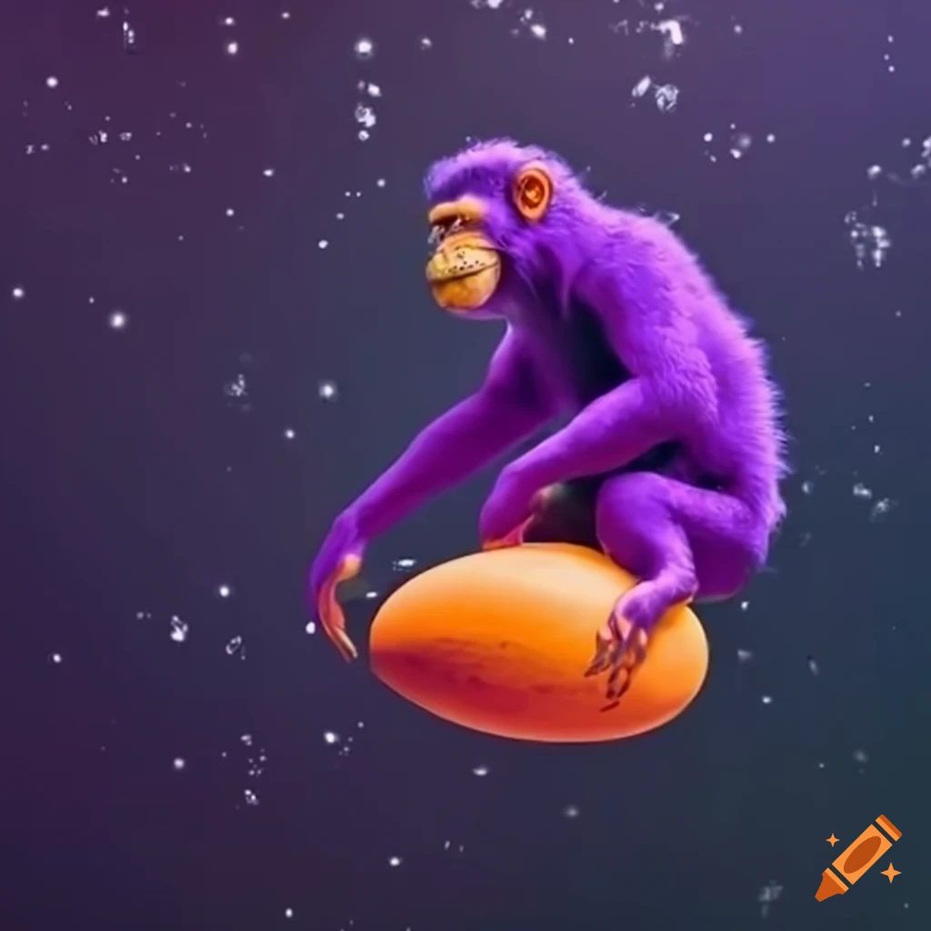 Orange and purple ape playing a synthesizer in space