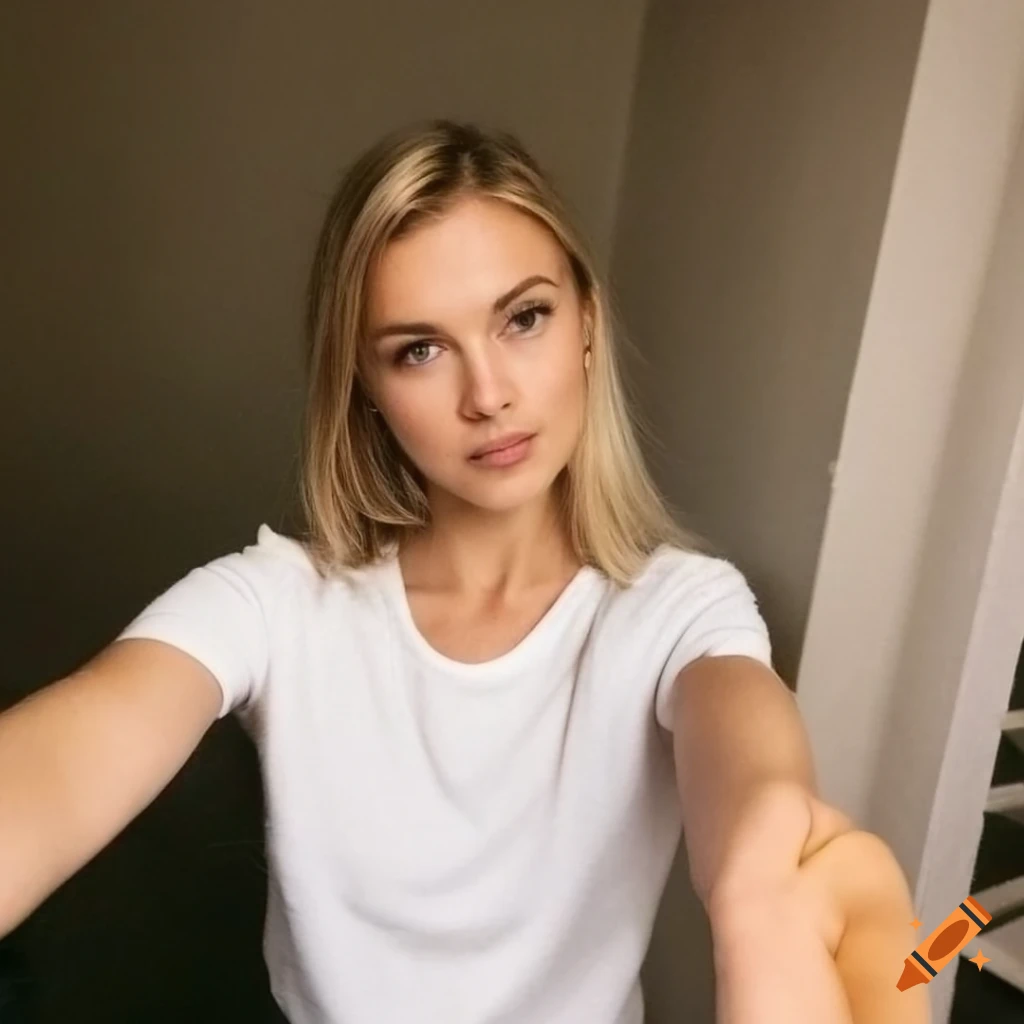 Natural beauty resembling Gwen Stacy taking a selfie in a white t-shirt