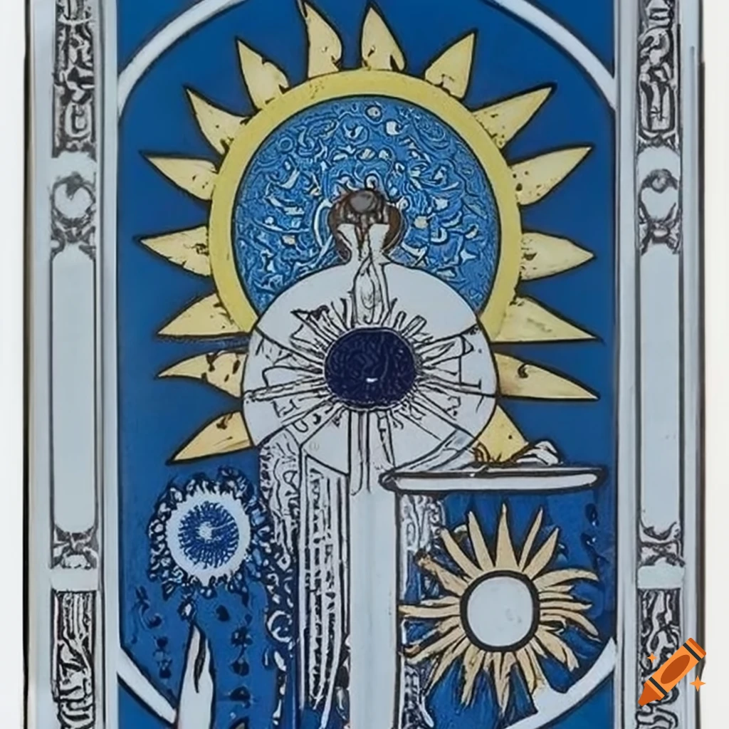 Tarot card The Sun in blue, white, silver colors