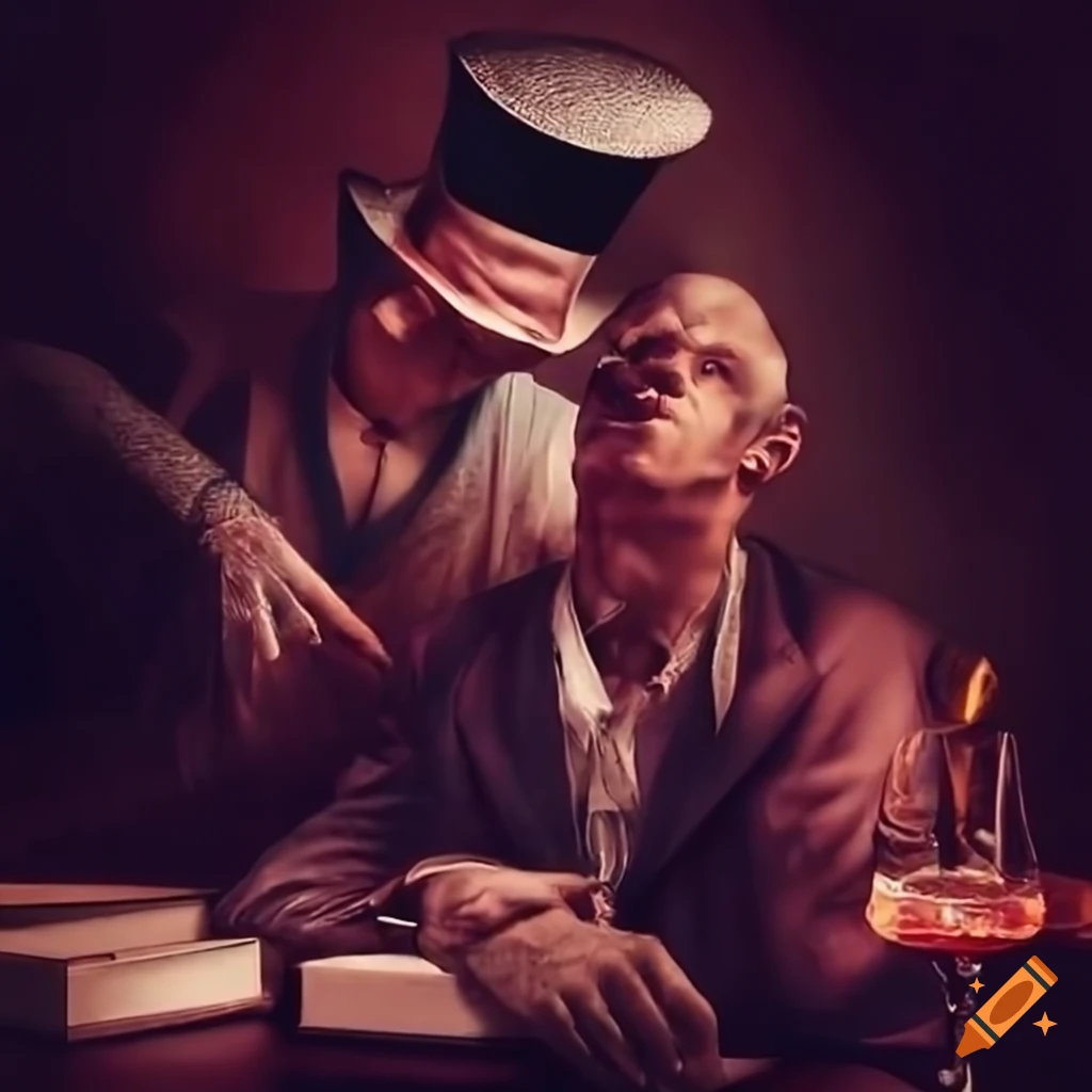 Two men at a bar: magician in white attire and demon, both drinking vodka