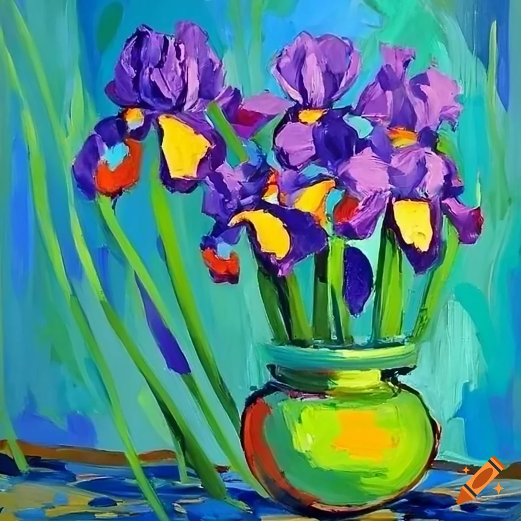 Beautiful irises on a table in a fauvism painting
