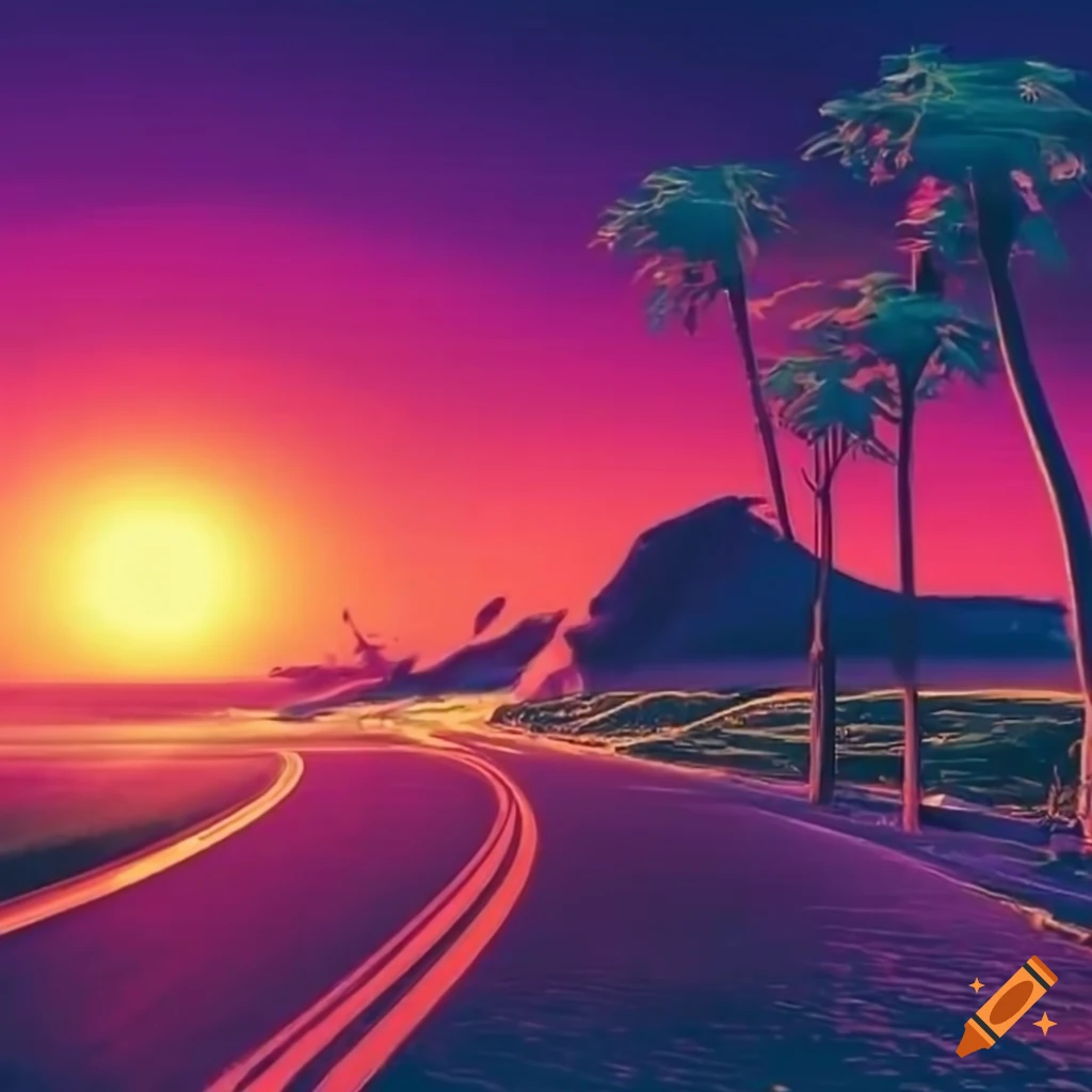 Highway heading south with sun shining vaporwave style
