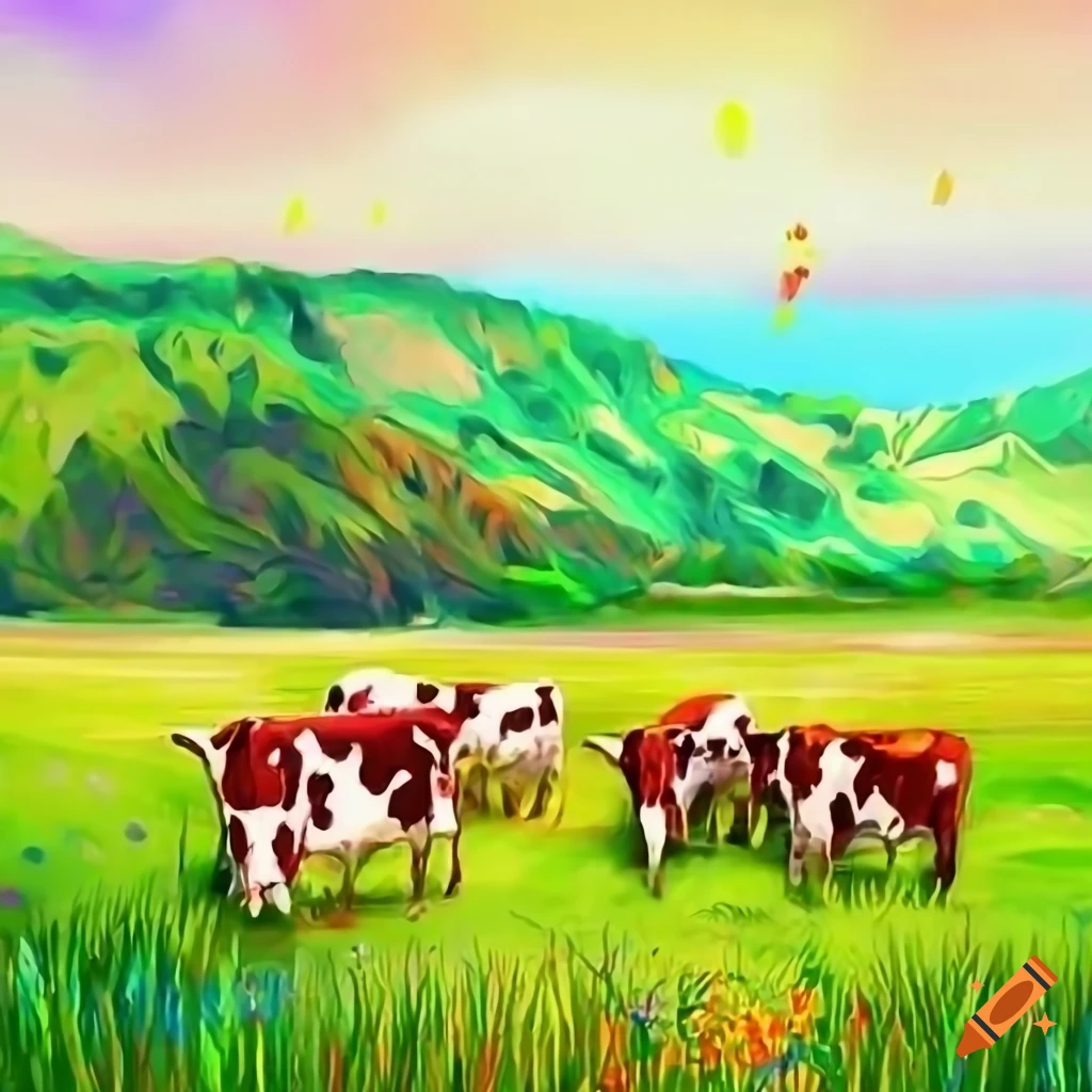 Serene meadow with rolling hills, colorful flowers, and grazing herd of cows